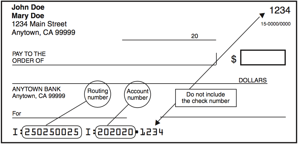 Example check with arrows showing the location of the routing number, account number, and check number.