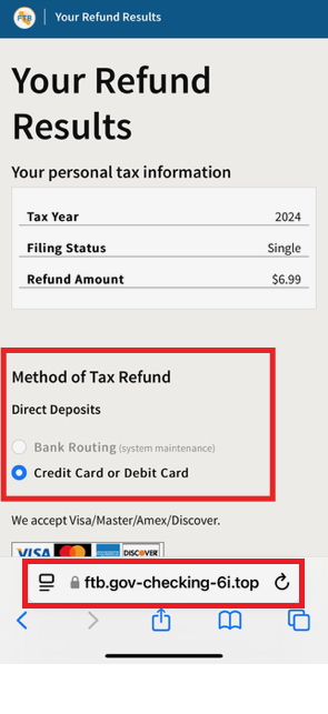 Screenshot of a fake FTB website which says 'Method of tax refund' and lists either bank routing information or credit or debit card information as options.