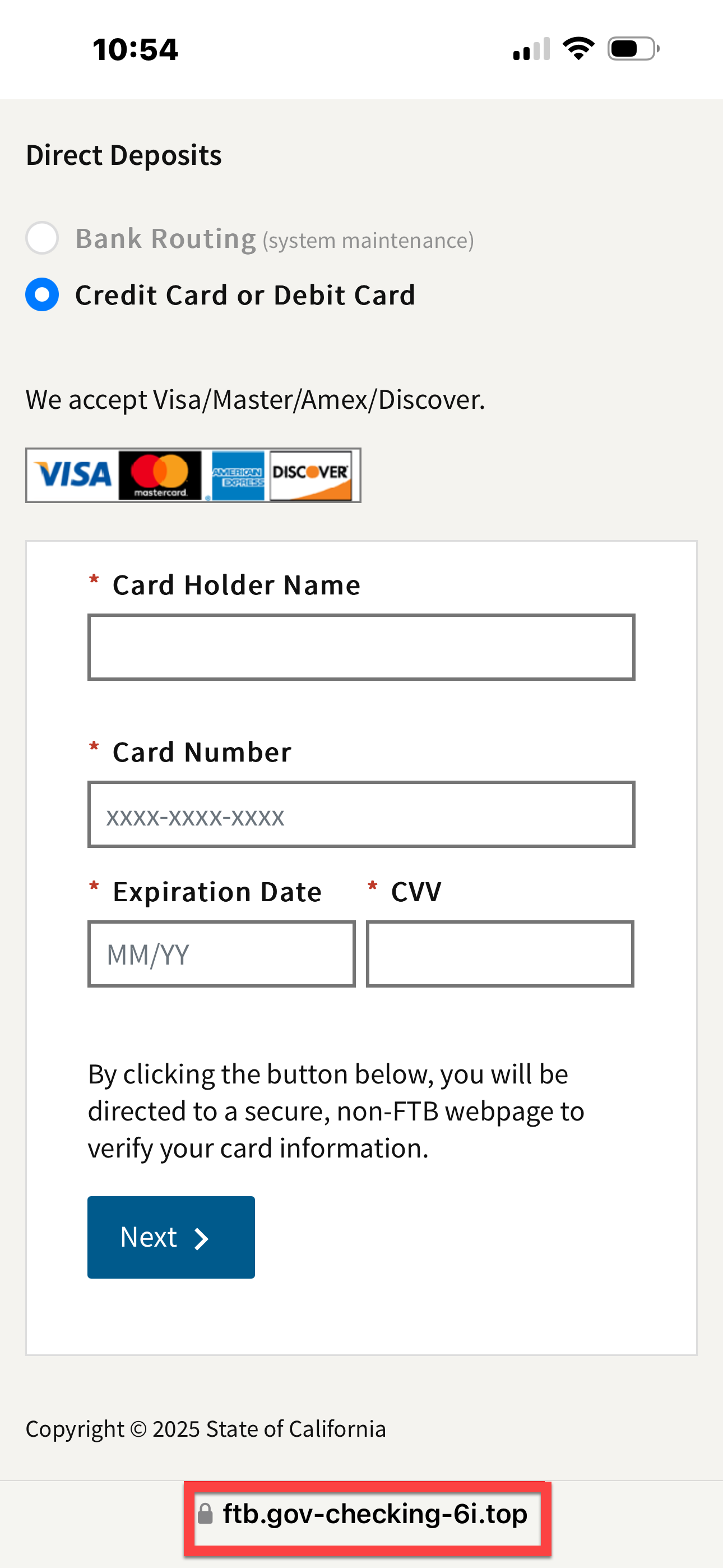 Screenshot of a fake FTB website which is asking for credit card holder name, card number, expiration date, and CVV.