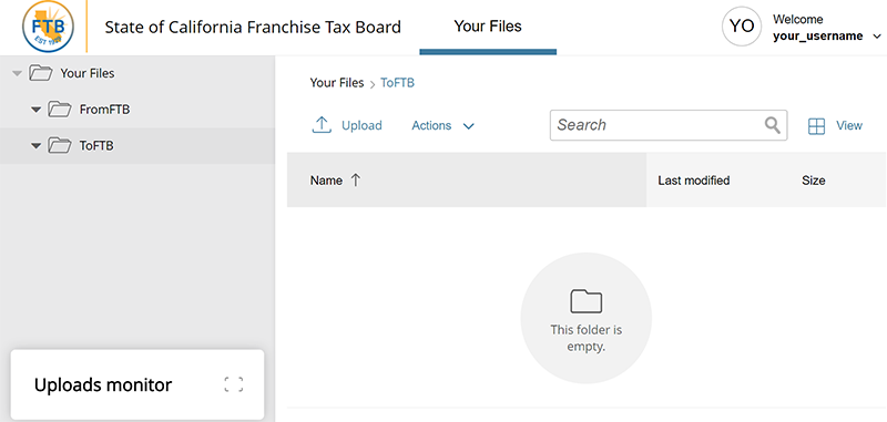 After selecting the ToFTB folder users will click on upload to browse to the file(s) they want to transfer.