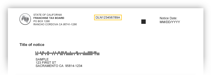 FTB notices include official logo placed in the upper left hand corner and DLN located at the top center of notice.